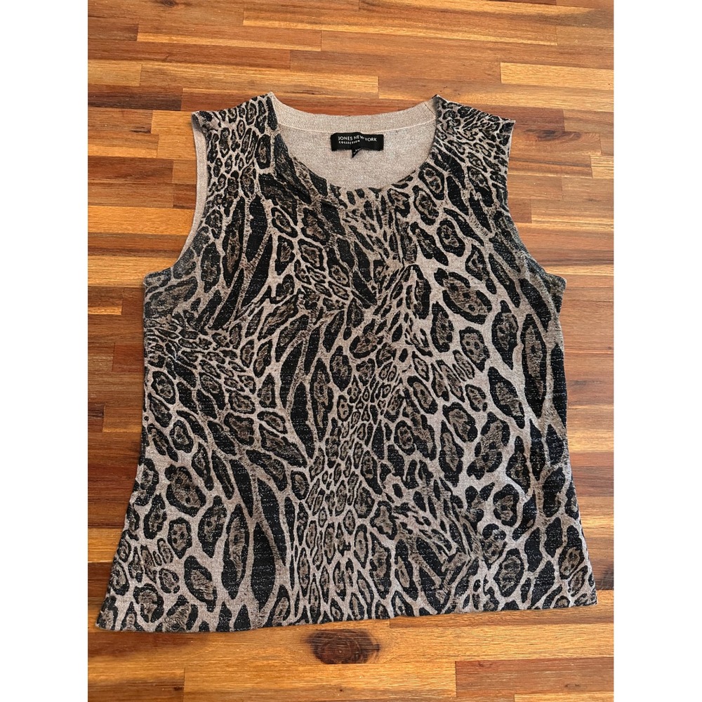 Jones New York Sweater Tank Women M Tan Black Excellent Leopard Metallic Knit